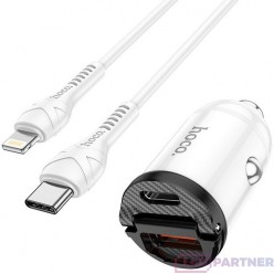 hoco. NZ2 dual USB car charger set with type-c to lightning 30W white