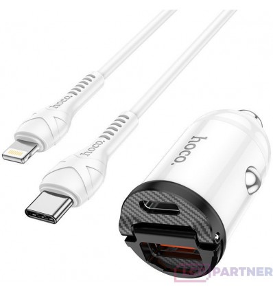 hoco. NZ2 autonabíjací dual USB set s typ-c to lightning káblom 30W biela