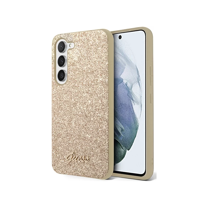 Samsung Galaxy S23 Plus Guess PC/TPU Glitter Flakes Metal Logo-Hülle gold
