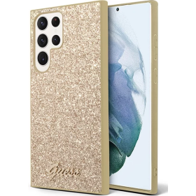 Samsung Galaxy S23 Ultra Guess PC/TPU Glitter Flakes Metal Logo-Hülle gold