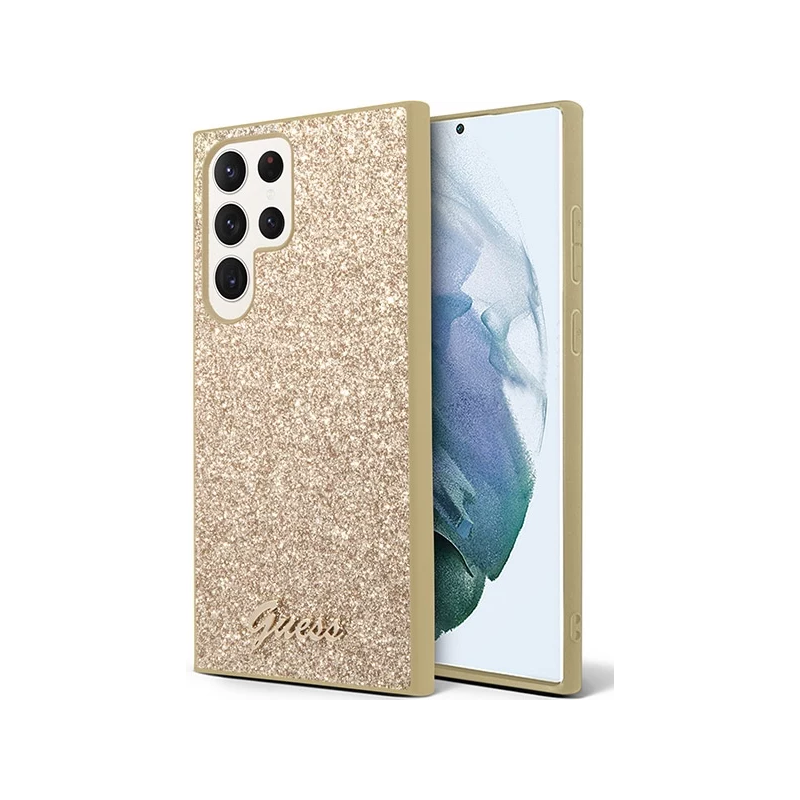 Samsung Galaxy S23 Ultra Guess PC/TPU Glitter Flakes Metal Logo pouzdro zlatá