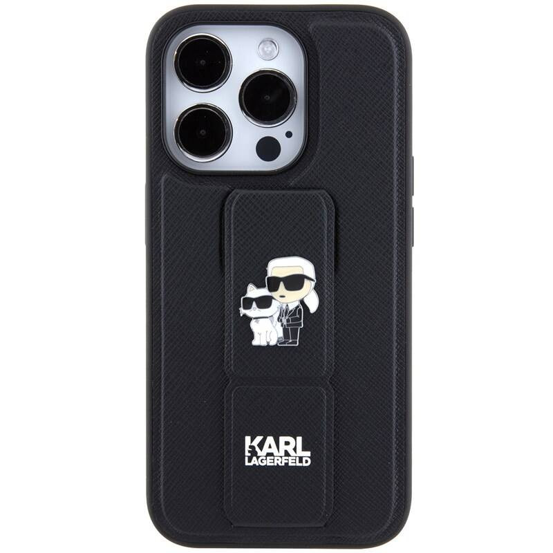 iPhone 15 Pro Karl Lagerfeld Saffiano Grip Stand Metal Logo Case schwarz