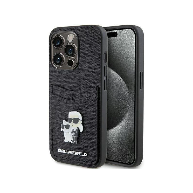 iPhone 15 Pro Karl Lagerfeld PU Saffiano Card Slot Metal Karl and Choupette Case schwarz