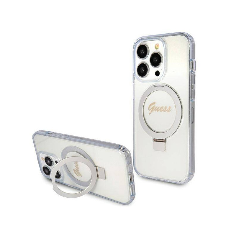 iPhone 15 Pro Guess IML Ring Stand Glitter MagSafe Case átlátszó