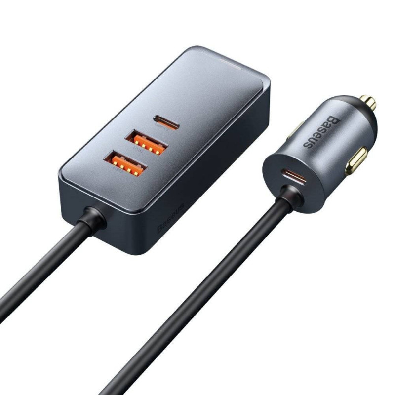 Baseus CCBT-A0G Fast Charging Car Charger With Extension Cord 120W 2x USB + 2x USB-C grau
