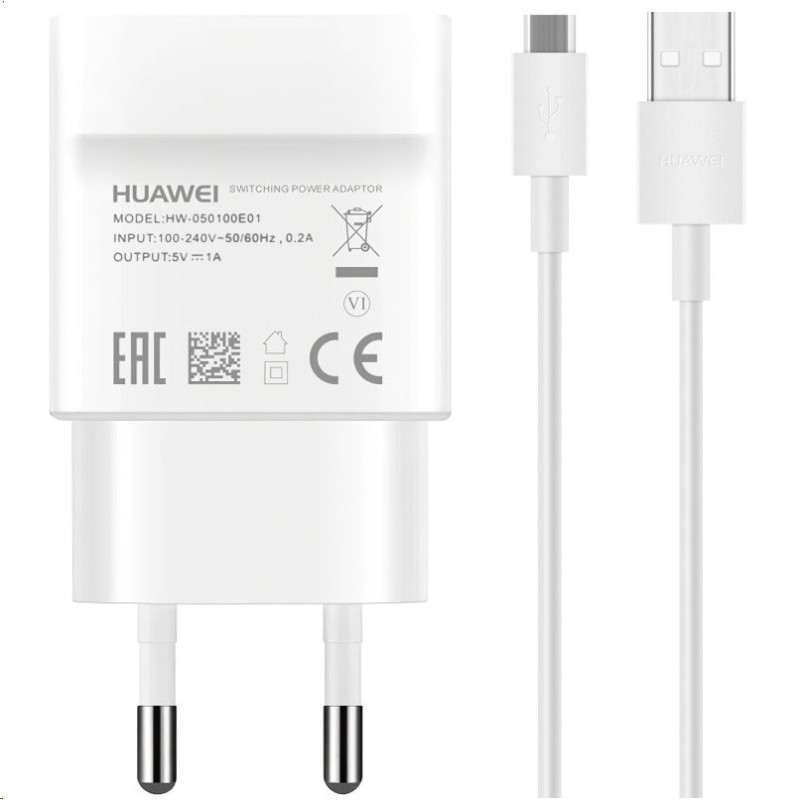 HW-050100E01W Huawei USB Cestovná nabíjačka + microUSB Dát. Kábel (Service Pack) biela