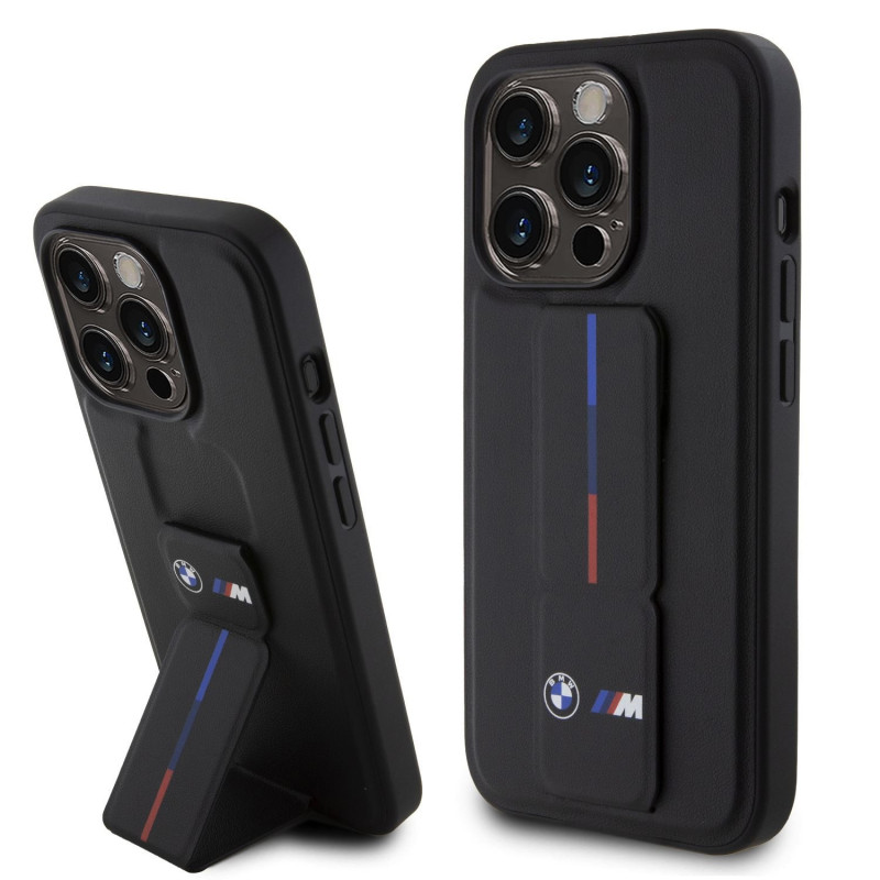 BMW M Collection PU Grip Stand Tricolor Line pouzdro pro iPhone 15 Pro černá
