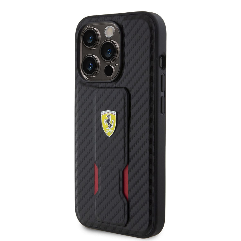 Ferrari Carbon Grip Stand Case for iPhone 15 Pro black