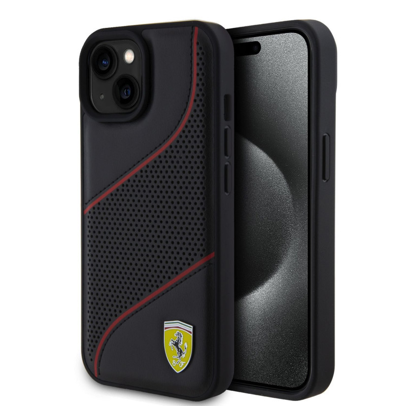 Ferrari PU Leather Perforated Slanted Line pouzdro pro iPhone 15 černá