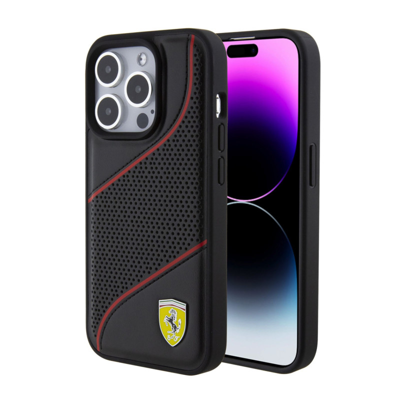 Ferrari PU Leather Perforated Slanted Line Case for iPhone 15 Pro schwarz
