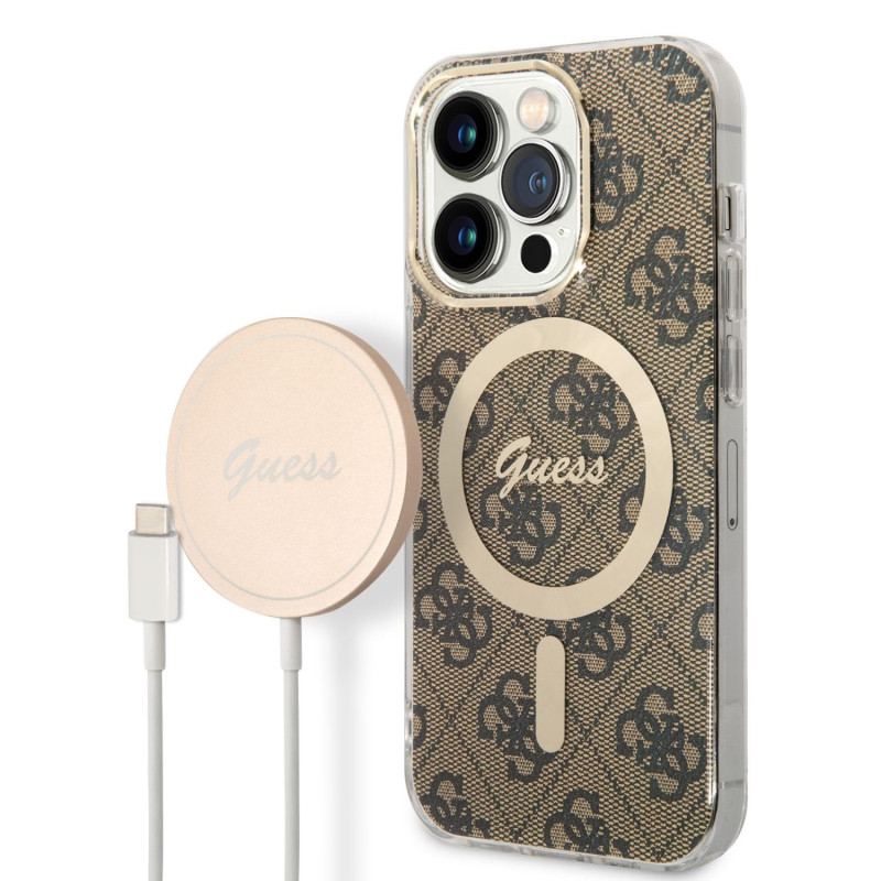 Guess 4G MagSafe Compatible Case + Wireless Charger for iPhone 14 Pro braun
