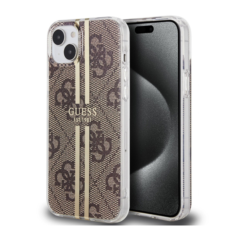 Guess IML 4G Stripe pouzdro pro iPhone 15 hnědá