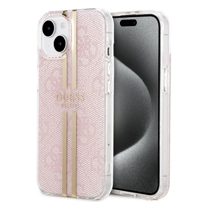 Guess IML 4G Stripe pouzdro pro iPhone 15 růžová