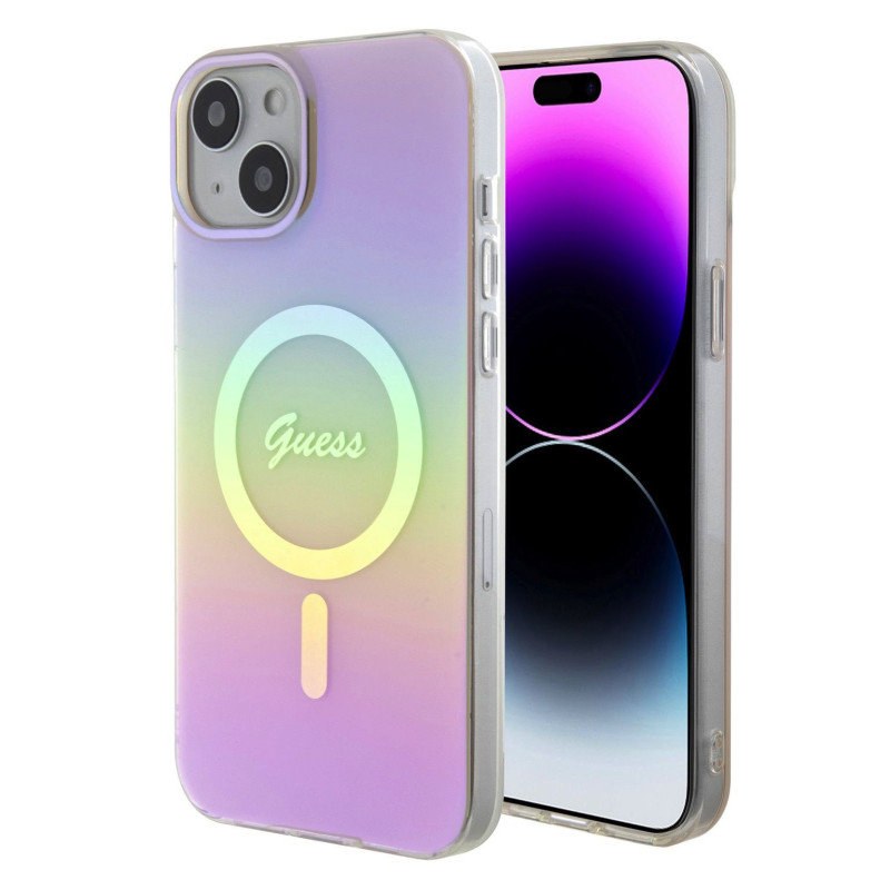 Guess IML Iridescent Script MagSafe Case for iPhone 15 pink
