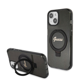 Guess IML Ring Stand Glitter MagSafe pouzdro pro iPhone 15 černá