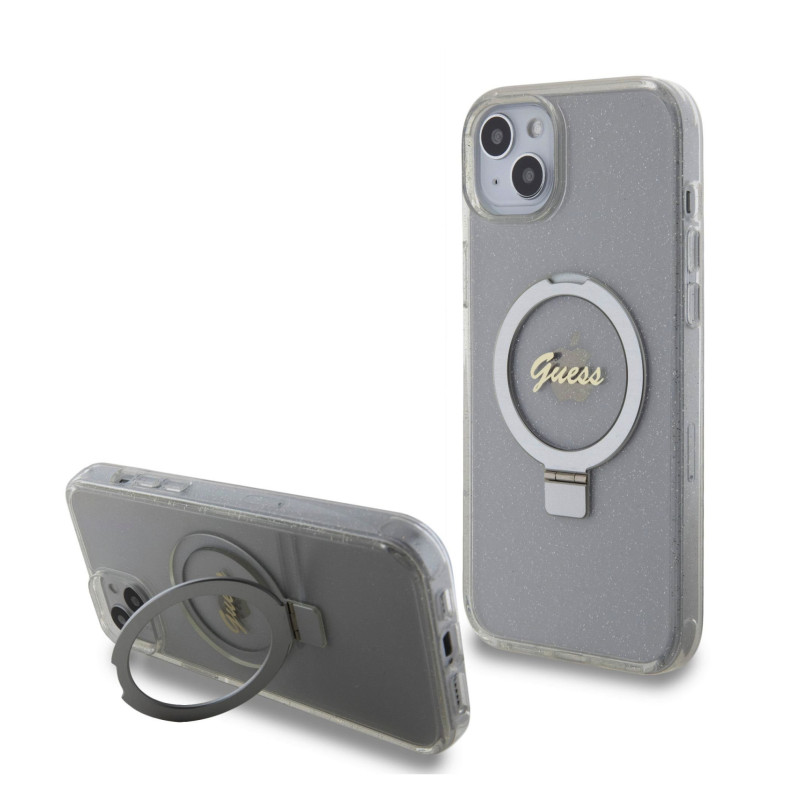 Guess IML Ring Stand Glitter MagSafe Case for iPhone 15 Plus transparent