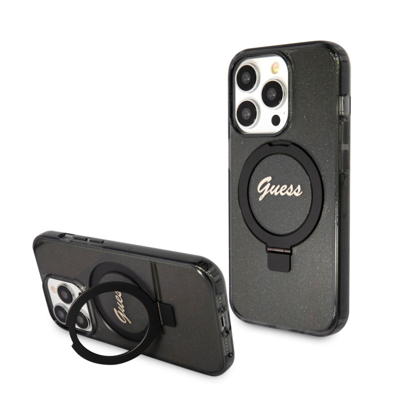 Guess IML Ring Stand Glitter MagSafe Case for iPhone 15 Pro black