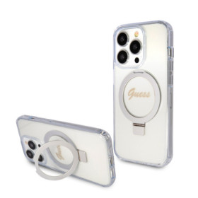 Guess IML Ring Stand Glitter MagSafe pouzdro pro iPhone 15 Pro Max transparentní