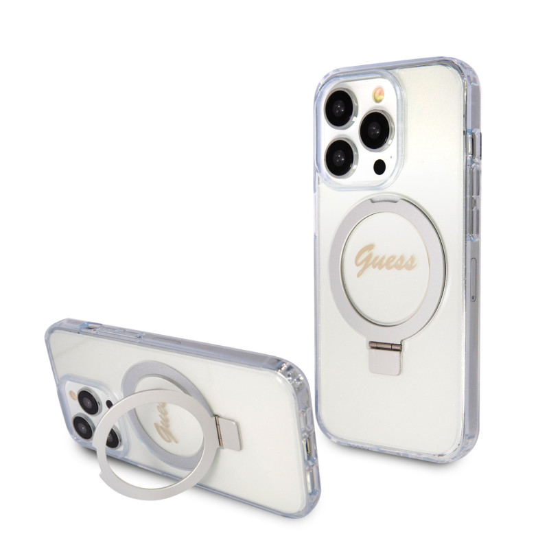 Guess IML Ring Stand Glitter MagSafe Case for iPhone 15 Pro Max transparent