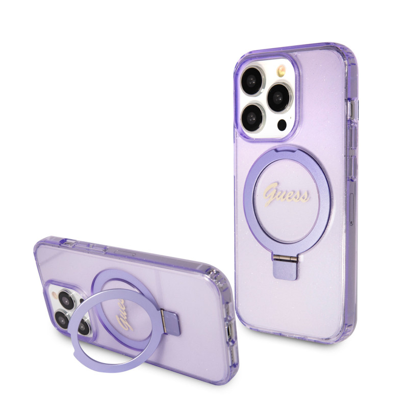 Guess IML Ring Stand Glitter MagSafe pouzdro pro iPhone 15 Pro fialová