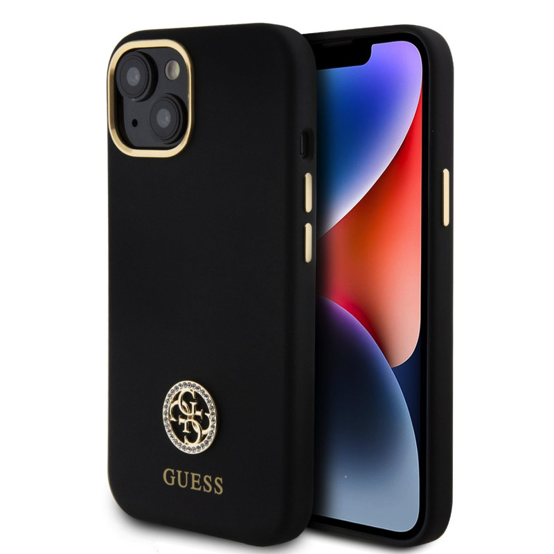 Guess Liquid Silicone 4G Strass Metal Logo pouzdro pro iPhone 15 černá