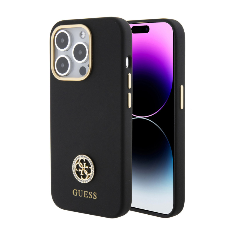 Guess Liquid Silicone 4G Strass Metal Logo Case for iPhone 15 Pro Max black