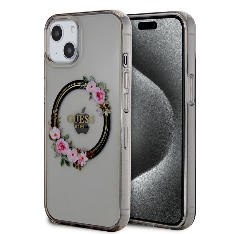 Guess PC/TPU Flowers Ring Glossy Logo MagSafe Case for iPhone 13 schwarz