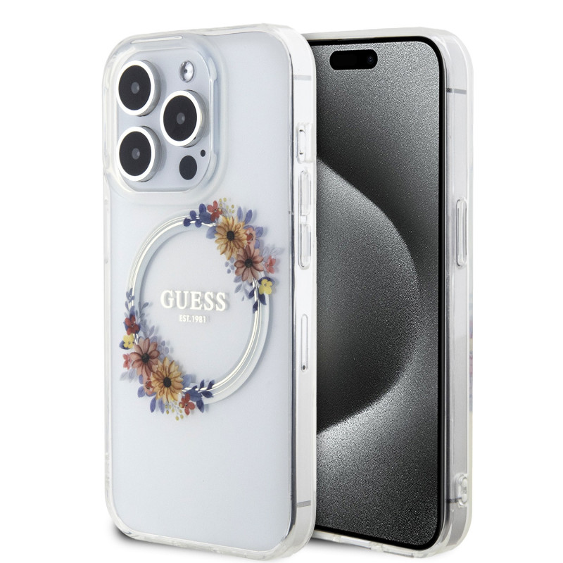 Guess PC/TPU Flowers Ring Glossy Logo MagSafe pouzdro pro iPhone 13 Pro Max transparentní