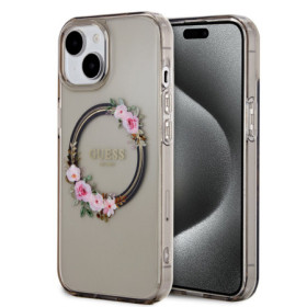 Guess PC/TPU Flowers Ring Glossy Logo MagSafe Case for iPhone 15 black
