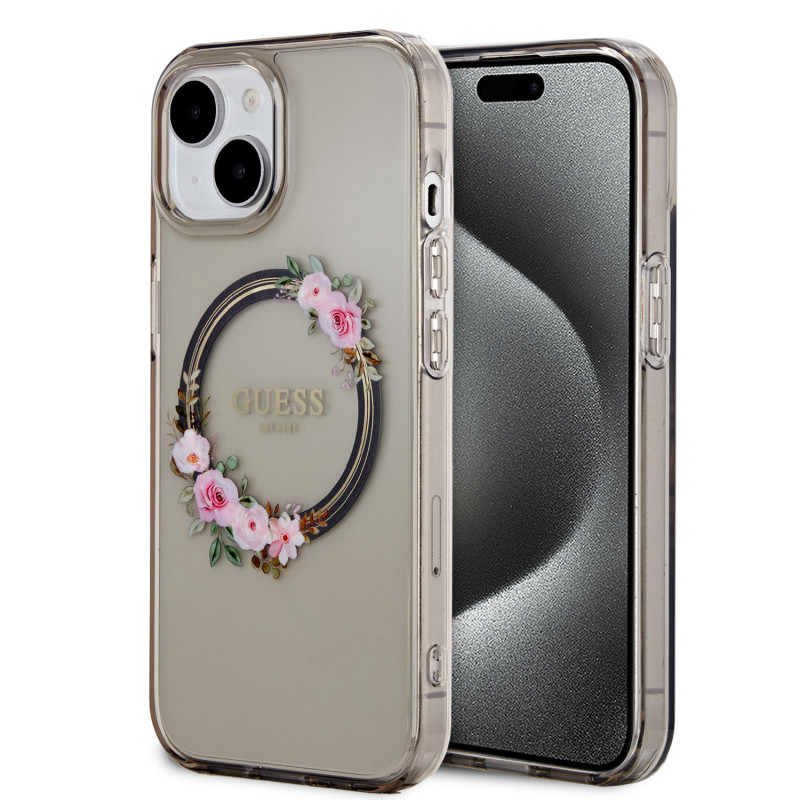 Guess PC/TPU Flowers Ring Glossy Logo MagSafe Case for iPhone 15 schwarz