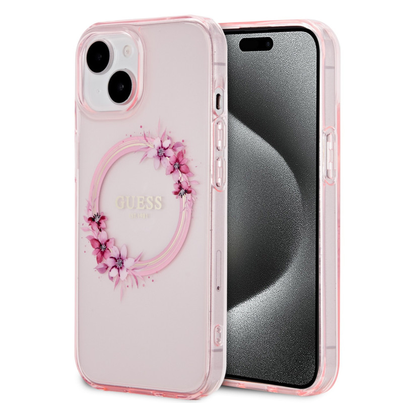 Guess PC/TPU Flowers Ring Glossy Logo MagSafe pouzdro pro iPhone 15 růžová