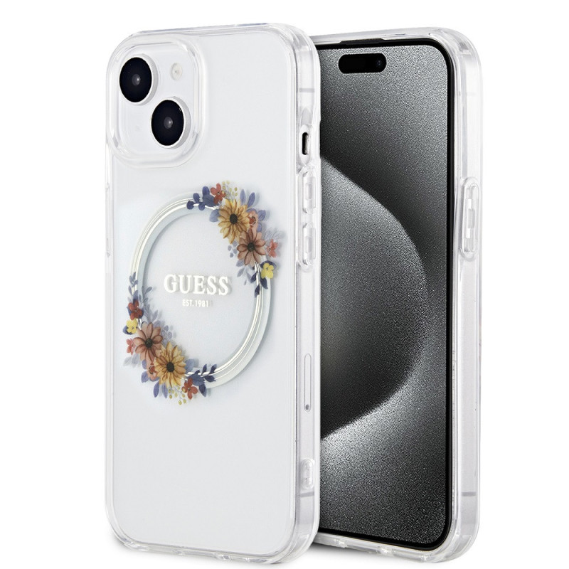 Guess PC/TPU Flowers Ring Glossy Logo MagSafe pouzdro pro iPhone 15 Plus transparentní