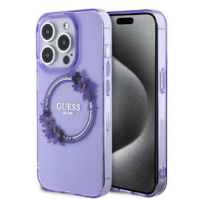 Guess PC/TPU Flowers Ring Glossy Logo MagSafe pouzdro pro iPhone 15 Pro Max fialová