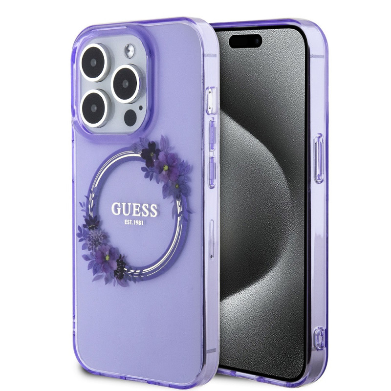 Guess PC/TPU Flowers Ring Glossy Logo MagSafe Case for iPhone 15 Pro Max violett