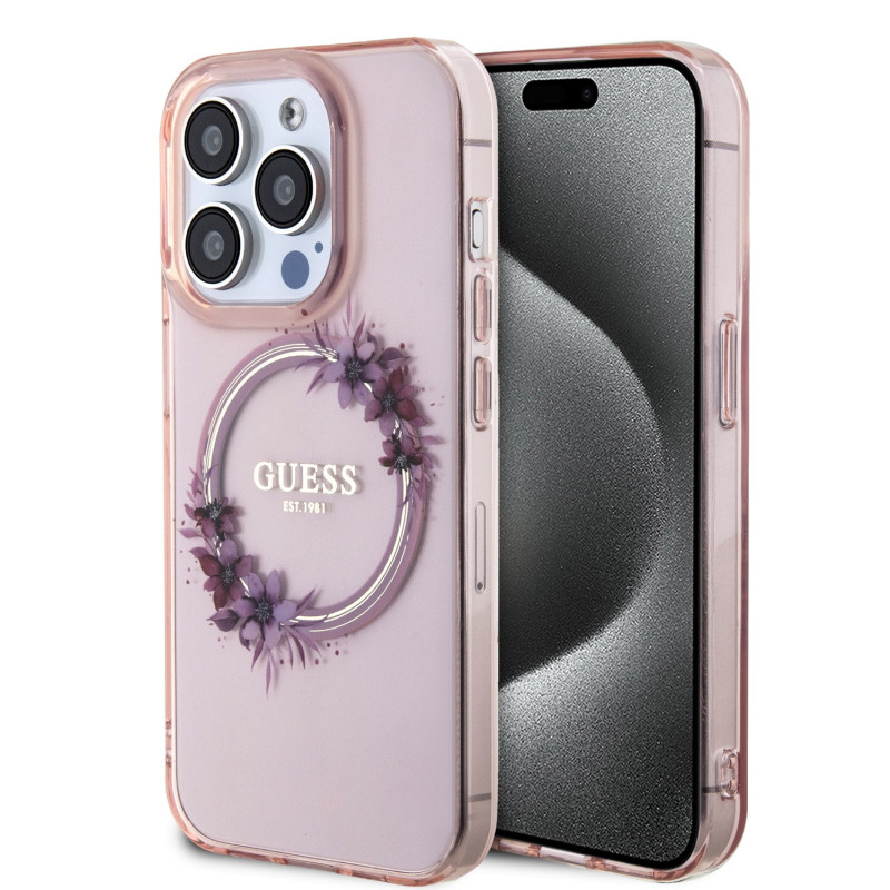 Guess PC/TPU Flowers Ring Glossy Logo MagSafe pouzdro pro iPhone 15 Pro růžová