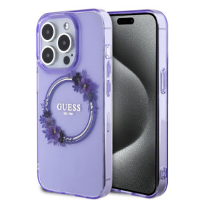 Guess PC/TPU Flowers Ring Glossy Logo MagSafe Case for iPhone 15 Pro violet