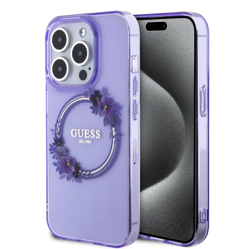 Guess PC/TPU Flowers Ring Glossy Logo MagSafe Case for iPhone 15 Pro violett