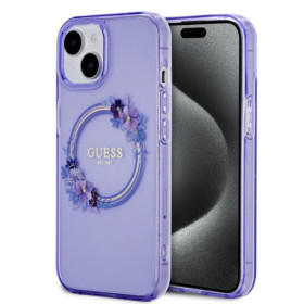 Guess PC/TPU Flowers Ring Glossy Logo MagSafe Case for iPhone 15 violet