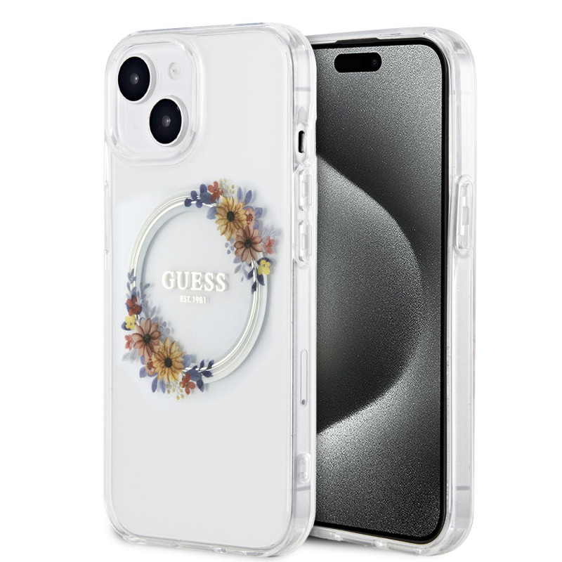 Guess PC/TPU Flowers Ring Glossy Logo MagSafe Case for iPhone 15 transparent