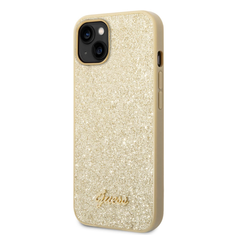 Guess PC/TPU Glitter Flakes Metal Logo Case for iPhone 14 Plus arany