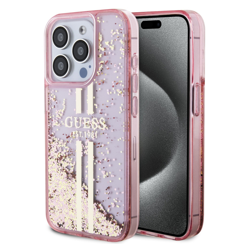 Guess PC/TPU Liquid Glitter Stripe pouzdro pro iPhone 15 Pro růžová