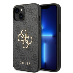 Guess PU 4G Metal Logo Case for iPhone 15 gray