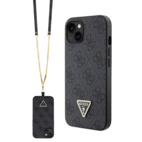 Guess PU 4G Strass Triangle Metal Logo pouzdro + Crossbody Popruh pro iPhone 15 černá