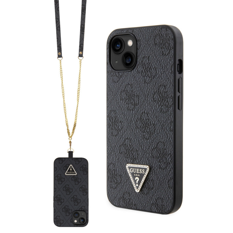 Guess PU 4G Strass Triangle Metal Logo Case + Crossbody Strap for iPhone 15 schwarz