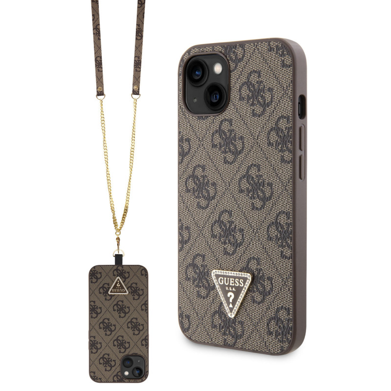Guess PU 4G Strass Triangle Metal Logo Case + Crossbody Strap for iPhone 15 brown