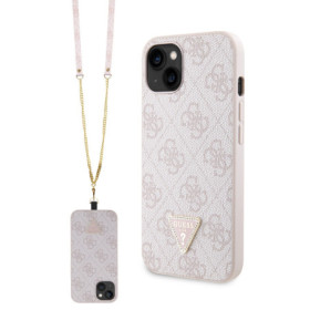 Guess PU 4G Strass Triangle Metal Logo pouzdro + Crossbody Popruh pro iPhone 15 růžová