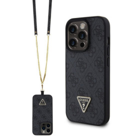 Guess PU 4G Strass Triangle Metal Logo Case + Crossbody Strap for iPhone 15 Pro black