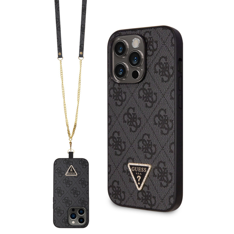 Guess PU 4G Strass Triangle Metal Logo Case + Crossbody Strap for iPhone 15 Pro Max schwarz