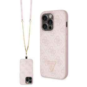 Guess PU 4G Strass Triangle Metal Logo pouzdro + Crossbody Popruh pro iPhone 15 Pro růžová