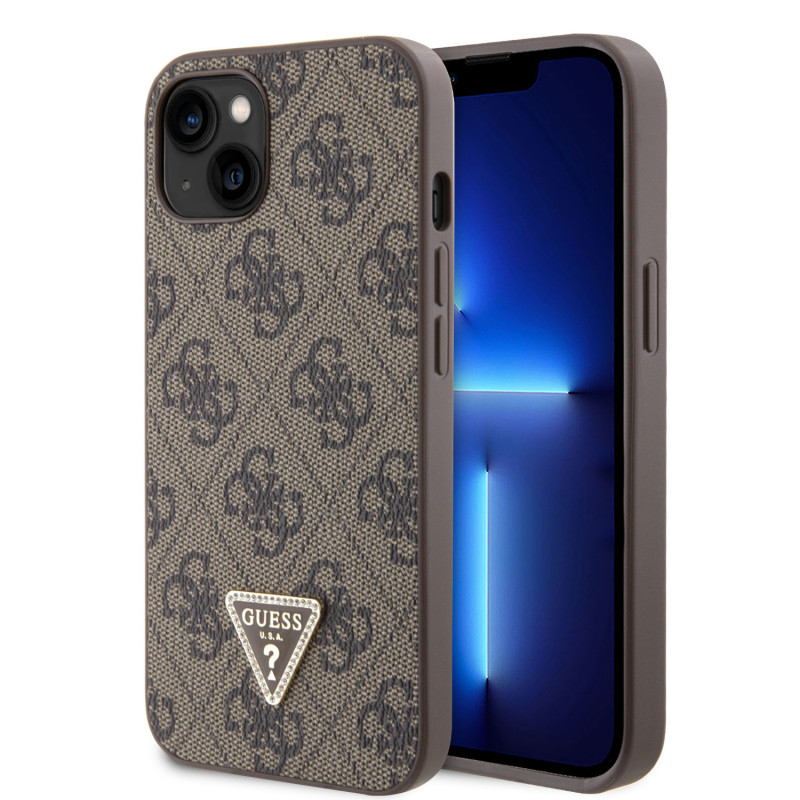 Guess PU 4G Strass Triangle Metal Logo pouzdro pro iPhone 15 hnědá
